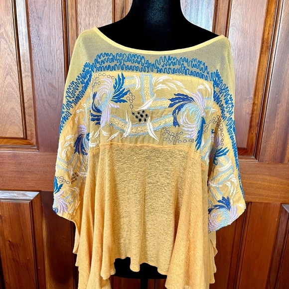 Free People Love Letter Embroidered Linen Blend Poncho Top Tangerine Sz L $128 - Picture 4 of 12